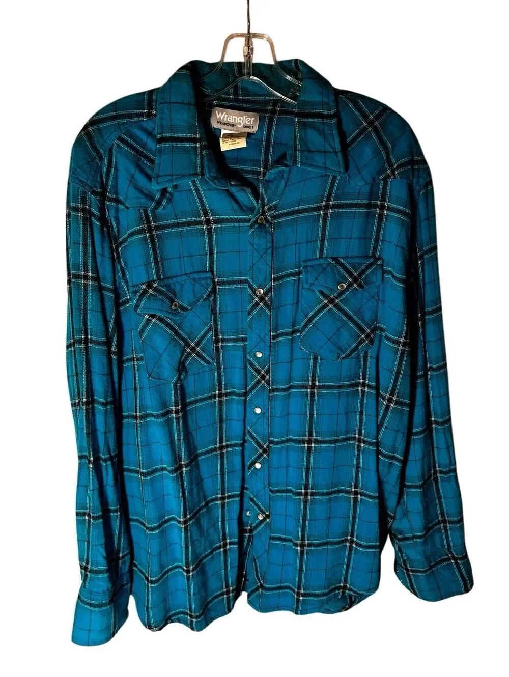 Wrangler Wrancher Shirt Mens XL Blue Pearl Snap Plaid Western Dress Long Sleeve